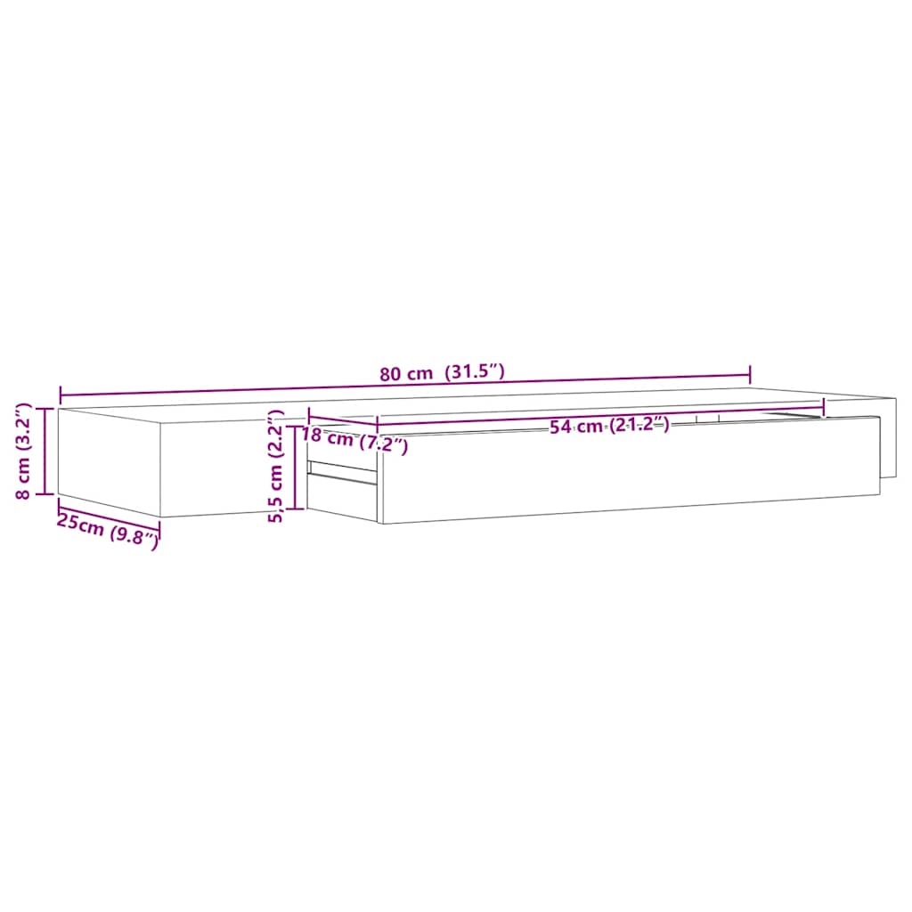 Vegghylle Svart med skuff 80x25x8 cm
