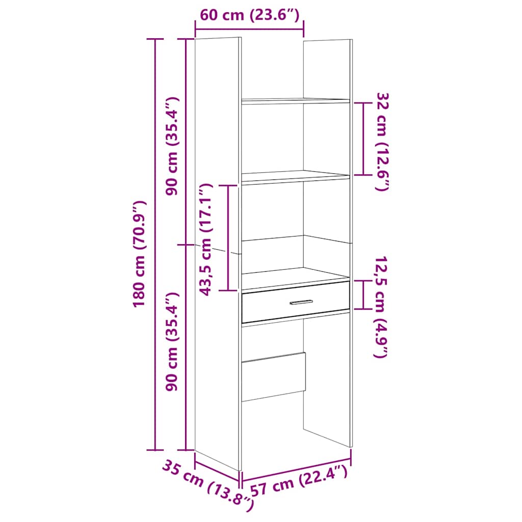 Bokhylle betonggrå 60x35x180 cm konstruert tre