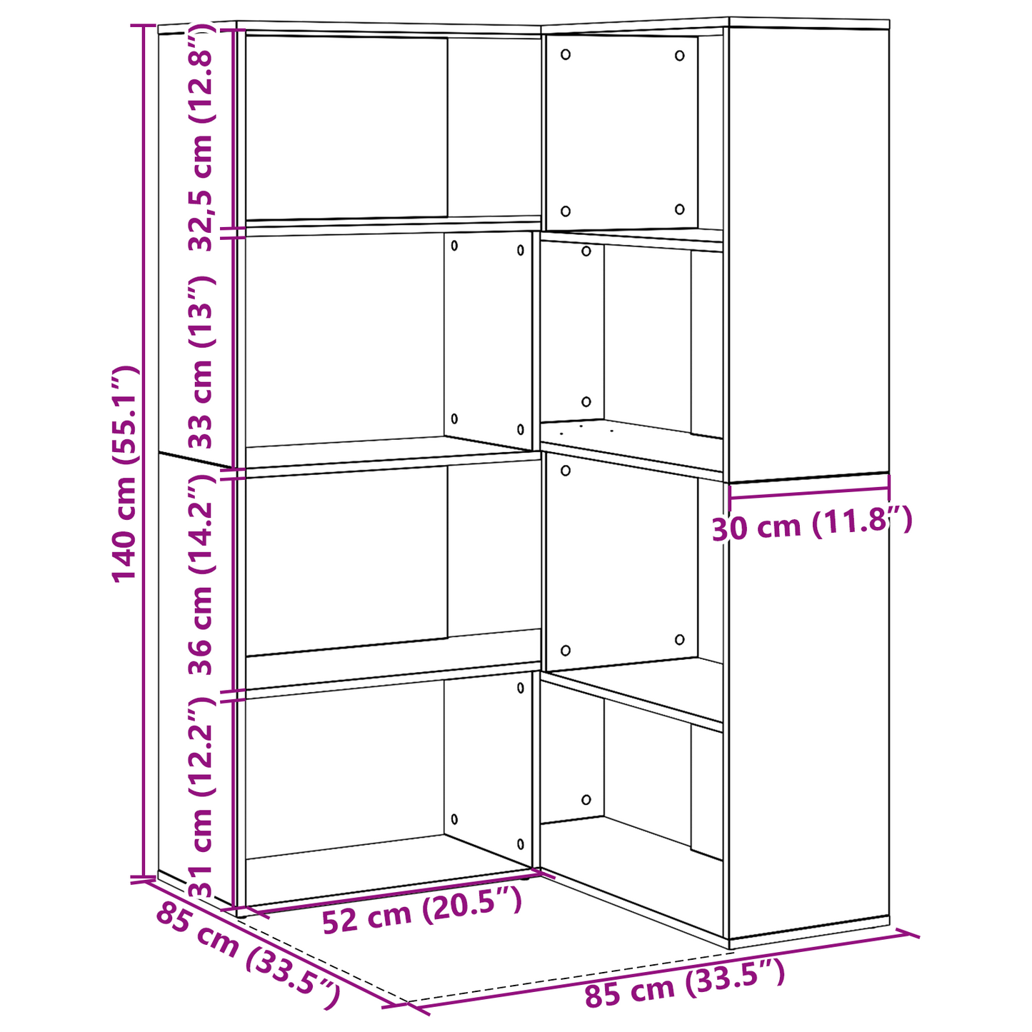 Bokhylle Svart Eik Hjørneskap 140x30x140 cm