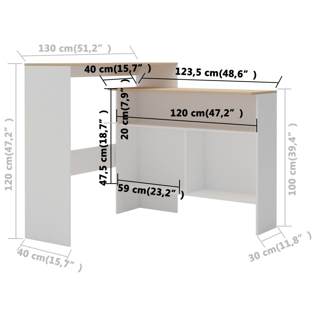 Barbord kafebord Bistrobord med 2 Bordplate hvit og eik 130x40x120 cm