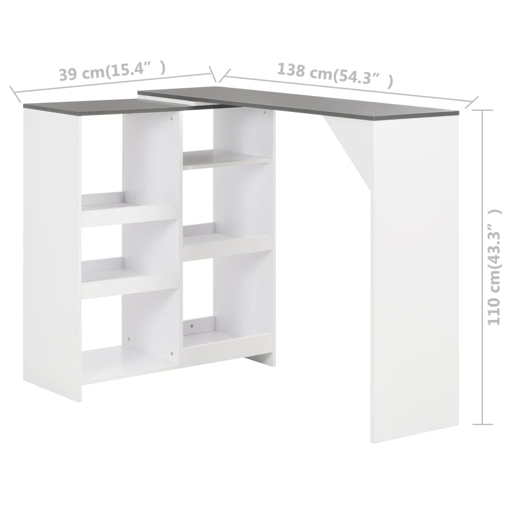 Barbord kafebord Bistrobord med flyttbar hylle hvit 138x39x110 cm