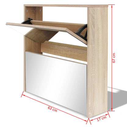 Skoskap Skobenk Skohylle 2 høyder speil eik 63x17x67 cm