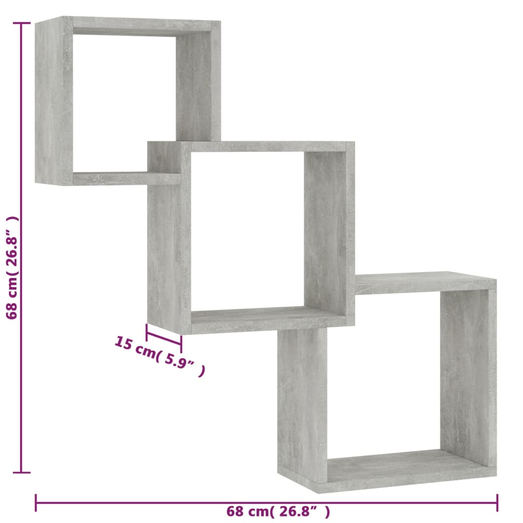 Vegghylle kubeformet betonggrå 68x15x68 cm konstruert tre