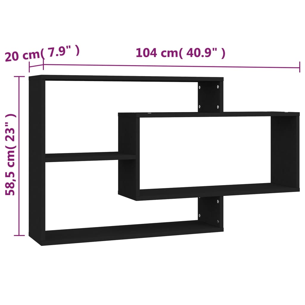 Vegghylle svart 104x20x58,5 cm konstruert tre