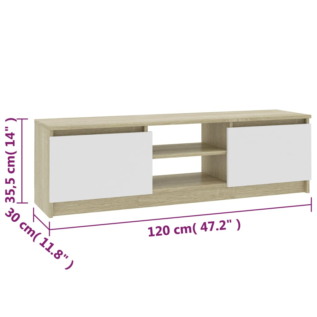 TV-benk hvit og sonoma eik 120x30x35,5 cm konstruert tre