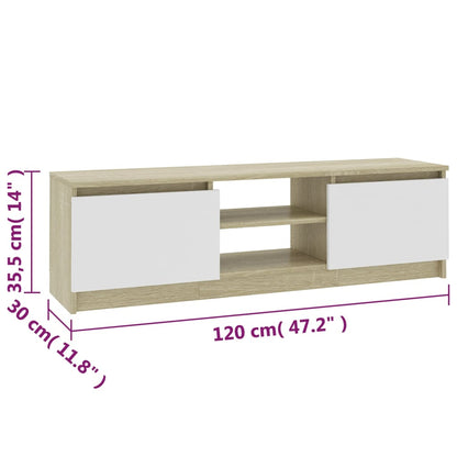 TV-benk hvit og sonoma eik 120x30x35,5 cm konstruert tre