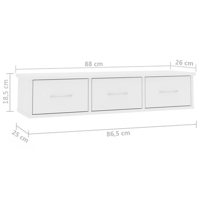 Vegghylle med skuff hvit 88x26x18,5 cm konstruert tre