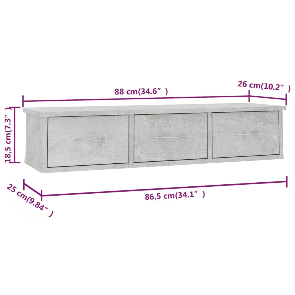 Vegghylle med skuff betonggrå 88x26x18,5 cm konstruert tre