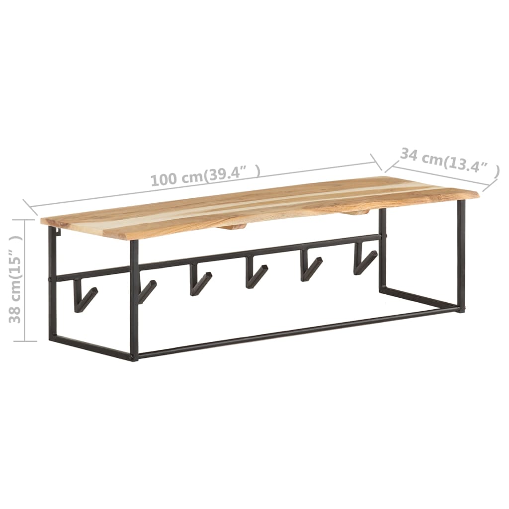 Garderobestativ Hattehylle med knagger naturlig kant 100x34x38 cm heltre akasie