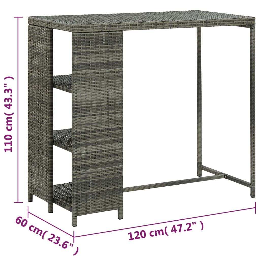 Barbord kafebord Bistrobord med oppbevaringsstativ grå 120x60x110 cm polyrotting