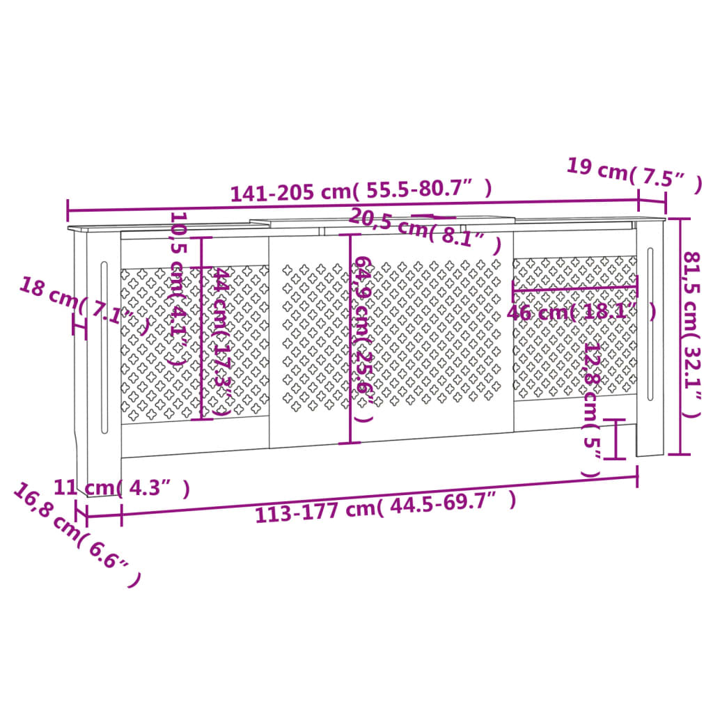 Radiatordeksel MDF svart 205 cm