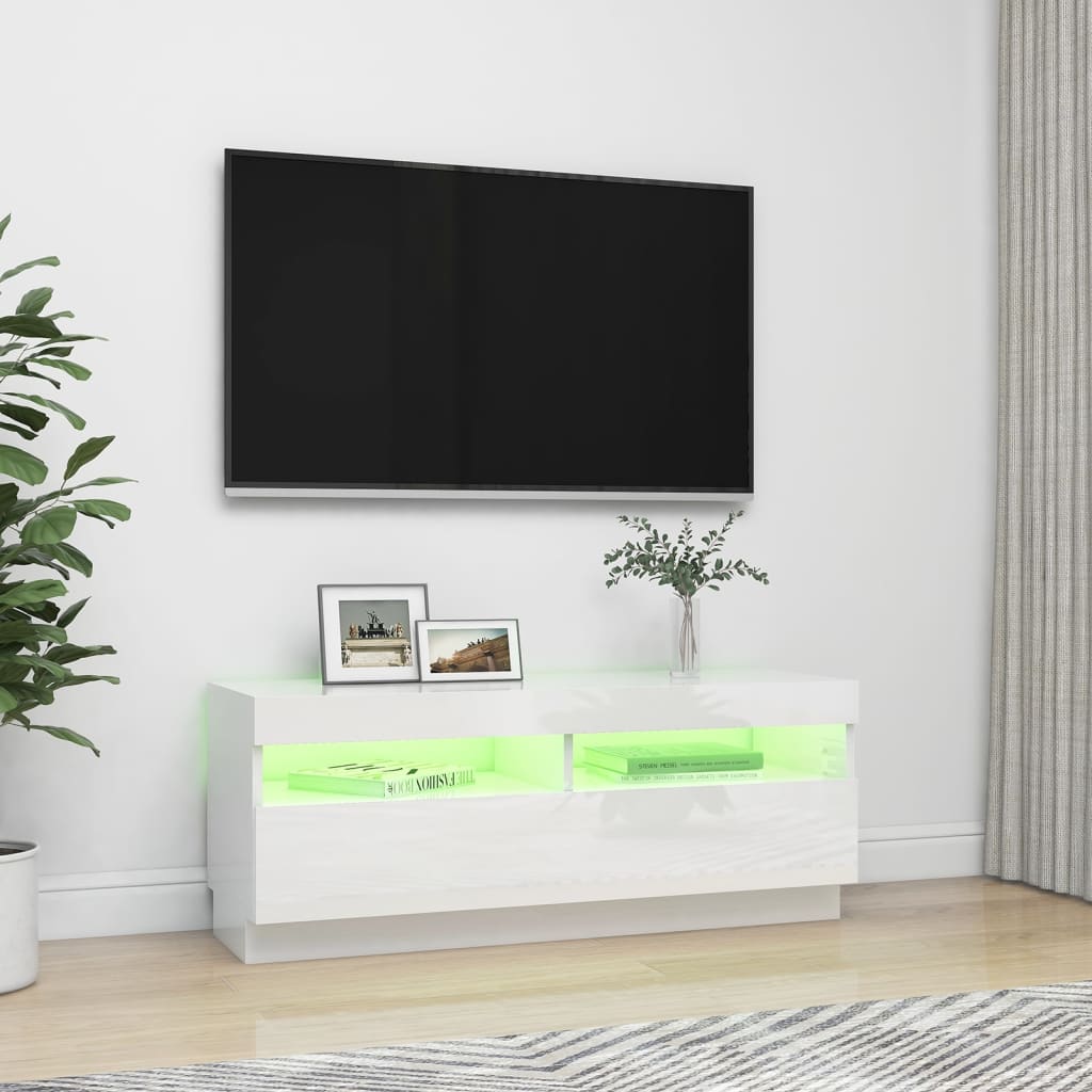 TV-Møbel Høyglans Hvit TV-benk med LED-lys 100x35x40 cm