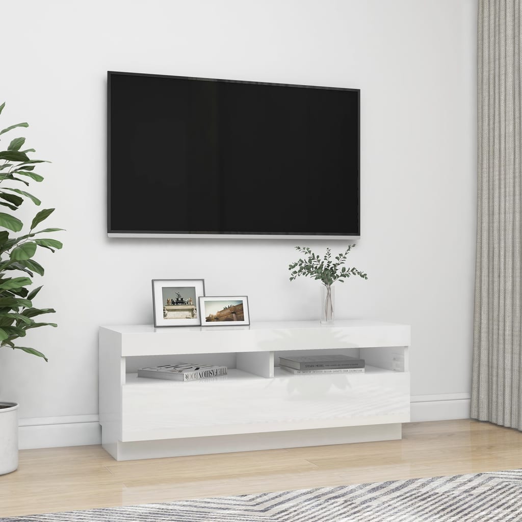 TV-Møbel Høyglans Hvit TV-benk med LED-lys 100x35x40 cm