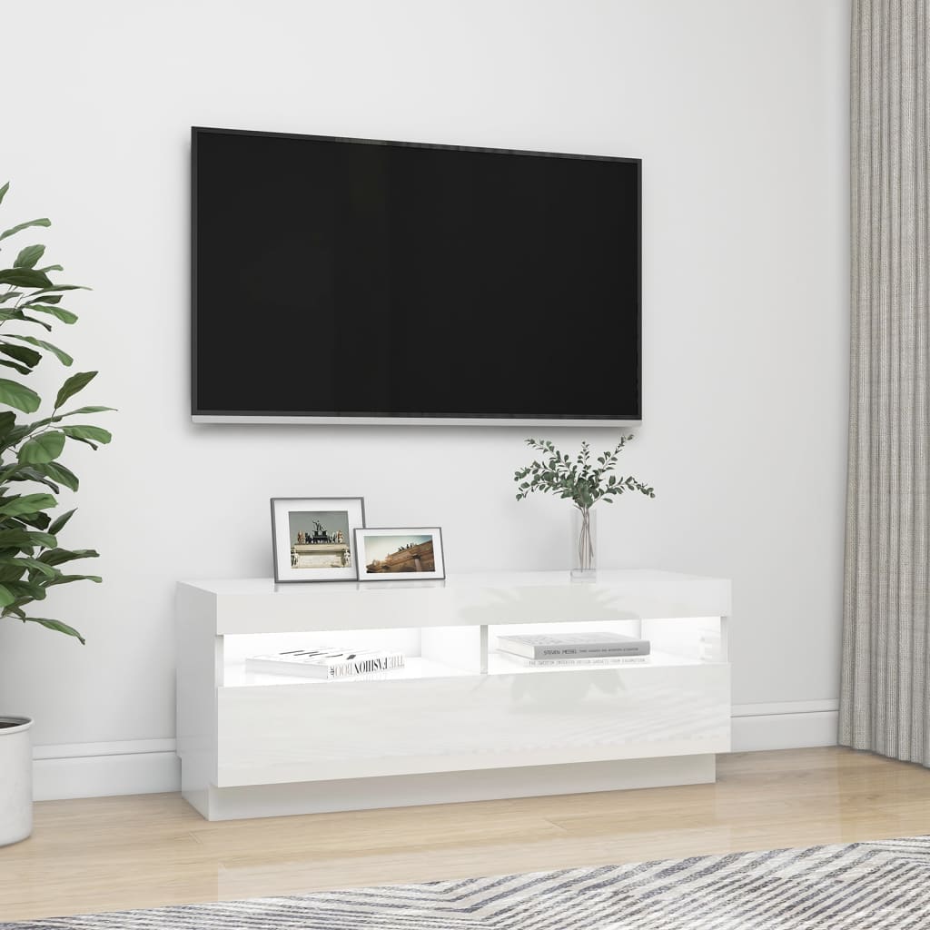TV-Møbel Høyglans Hvit TV-benk med LED-lys 100x35x40 cm