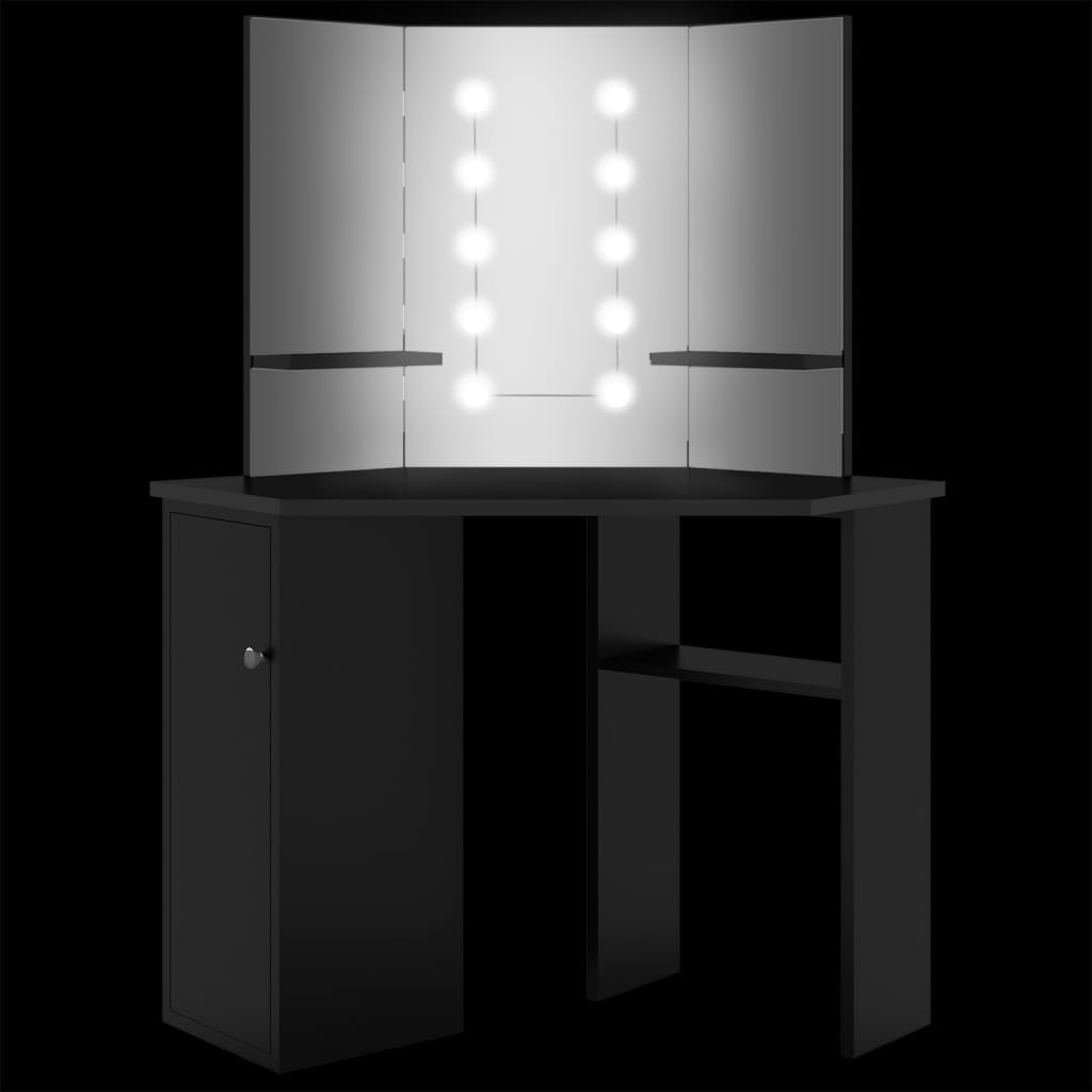 Sminkebord Hjørnemontert LED Svart 111x54x141,5 cm