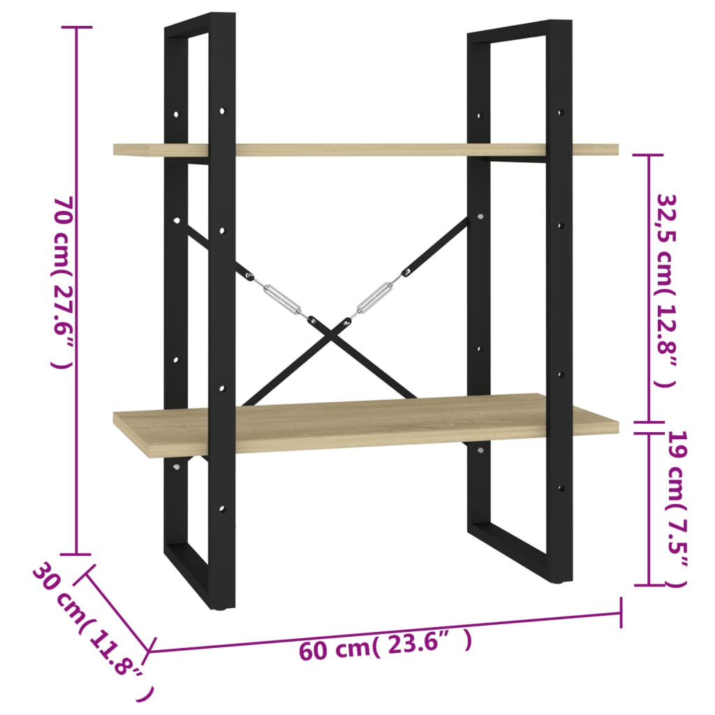 Bokhylle 2 nivåer sonoma eik 60x30x70 cm konstruert tre