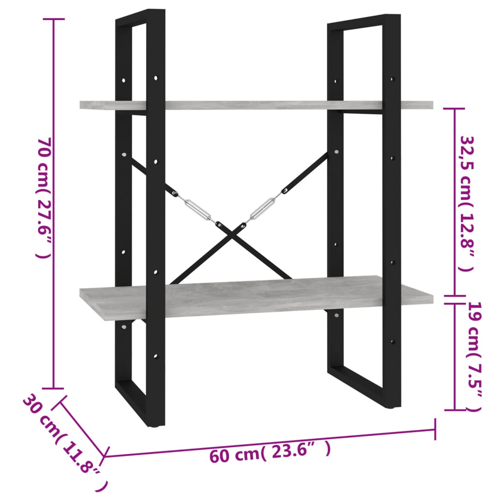 Bokhylle 2 nivåer betonggrå 60x30x70 cm konstruert tre