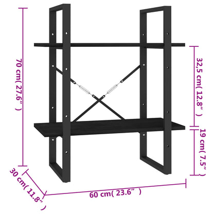 Bokhylle 2 nivåer svart 60x30x70 cm heltre furu