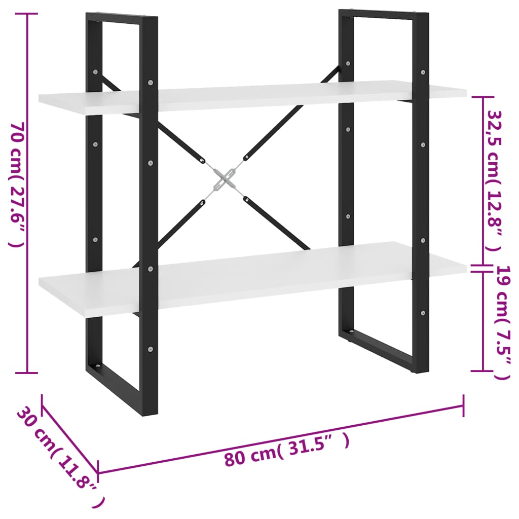 Bokhylle 2 nivåer hvit 80x30x70 cm konstruert tre