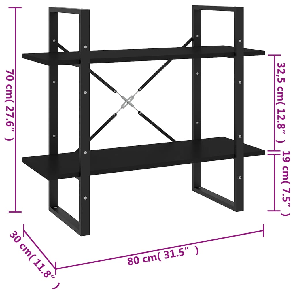 Bokhylle 2 nivåer svart 80x30x70 cm konstruert tre