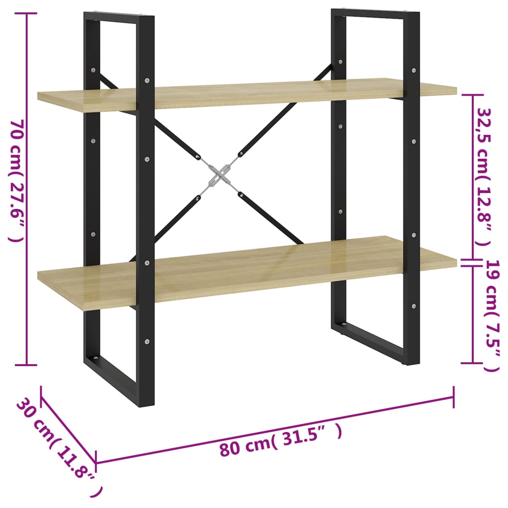 Bokhylle 2 nivåer sonoma eik 80x30x70 cm konstruert tre