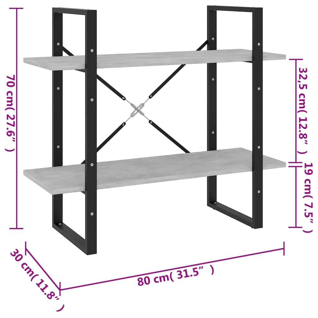 Bokhylle 2 nivåer betonggrå 80x30x70 cm konstruert tre