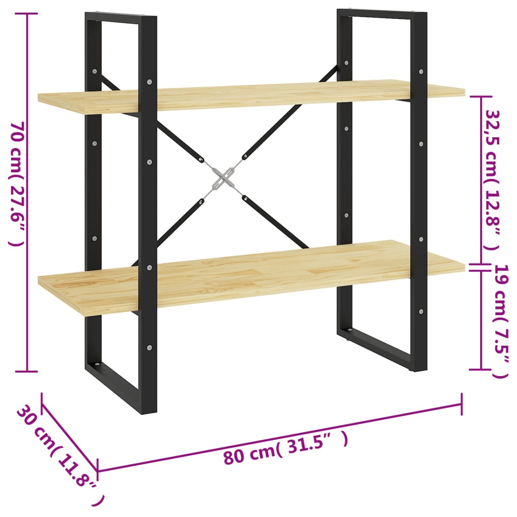 Bokhylle 2 nivåer 80x30x70 cm heltre furu