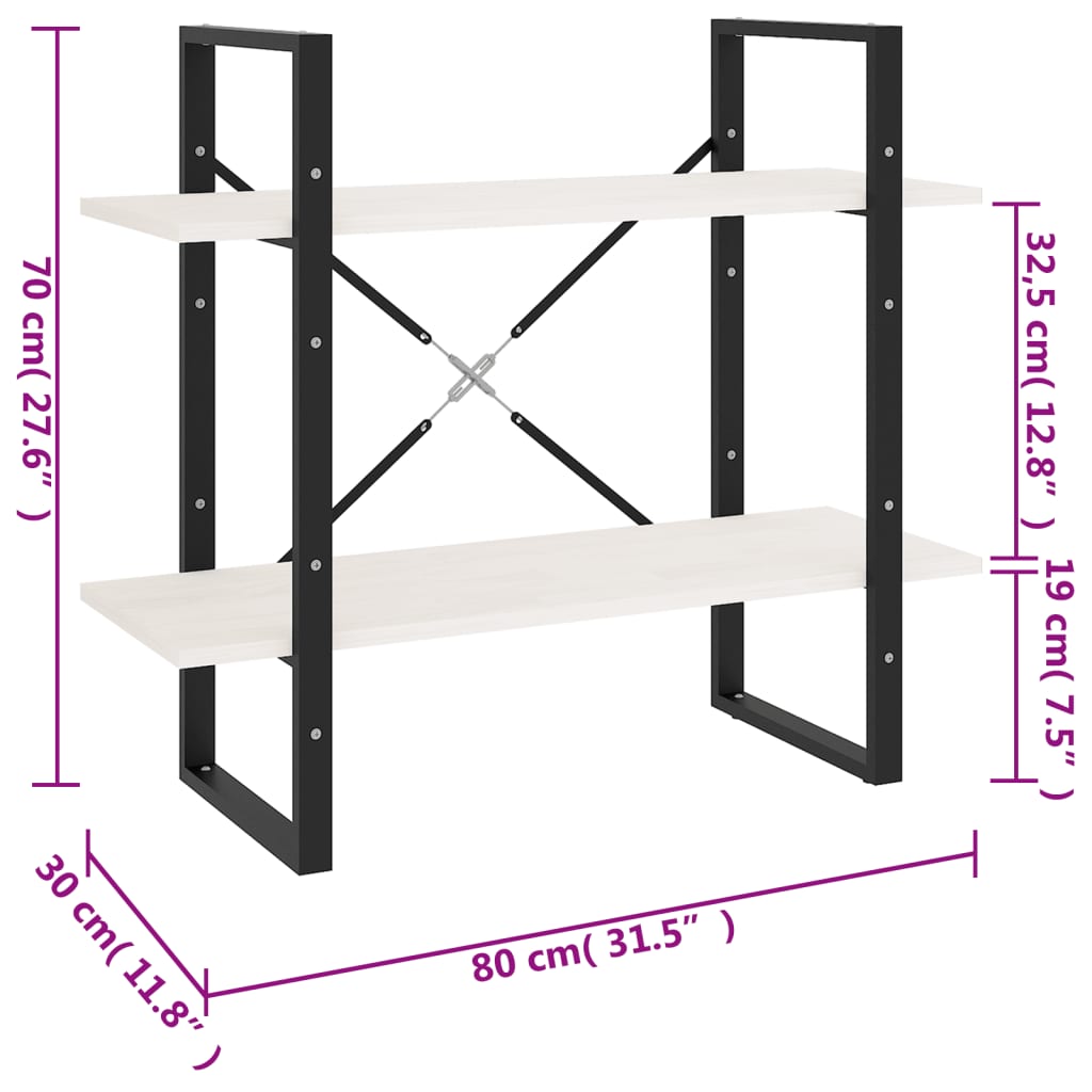 Bokhylle 2 nivåer hvit 80x30x70 cm heltre furu