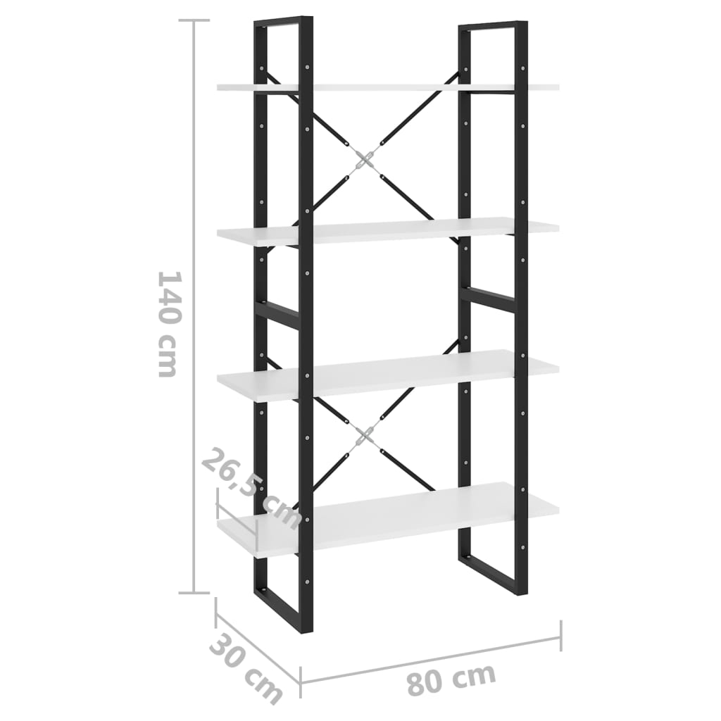 Bokhylle 4 nivåer hvit 80x30x140 cm konstruert tre