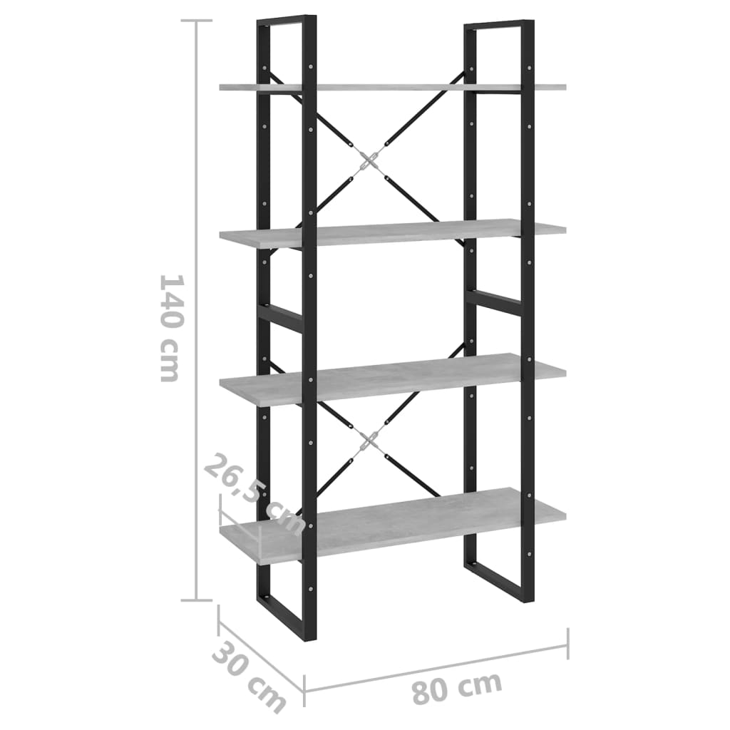 Bokhylle 4 nivåer betonggrå 80x30x140 cm konstruert tre