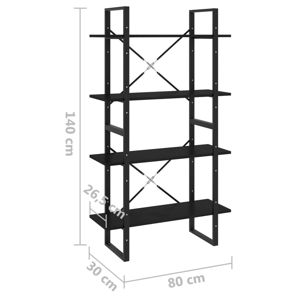 Bokhylle 4 nivåer svart 80x30x140 cm heltre furu