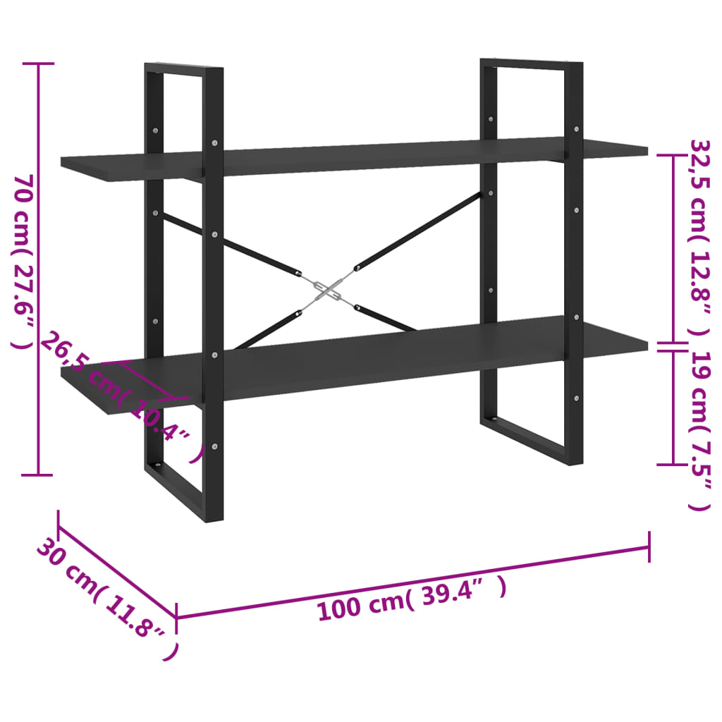 Bokhylle 2 nivåer grå 100x30x70 cm konstruert tre