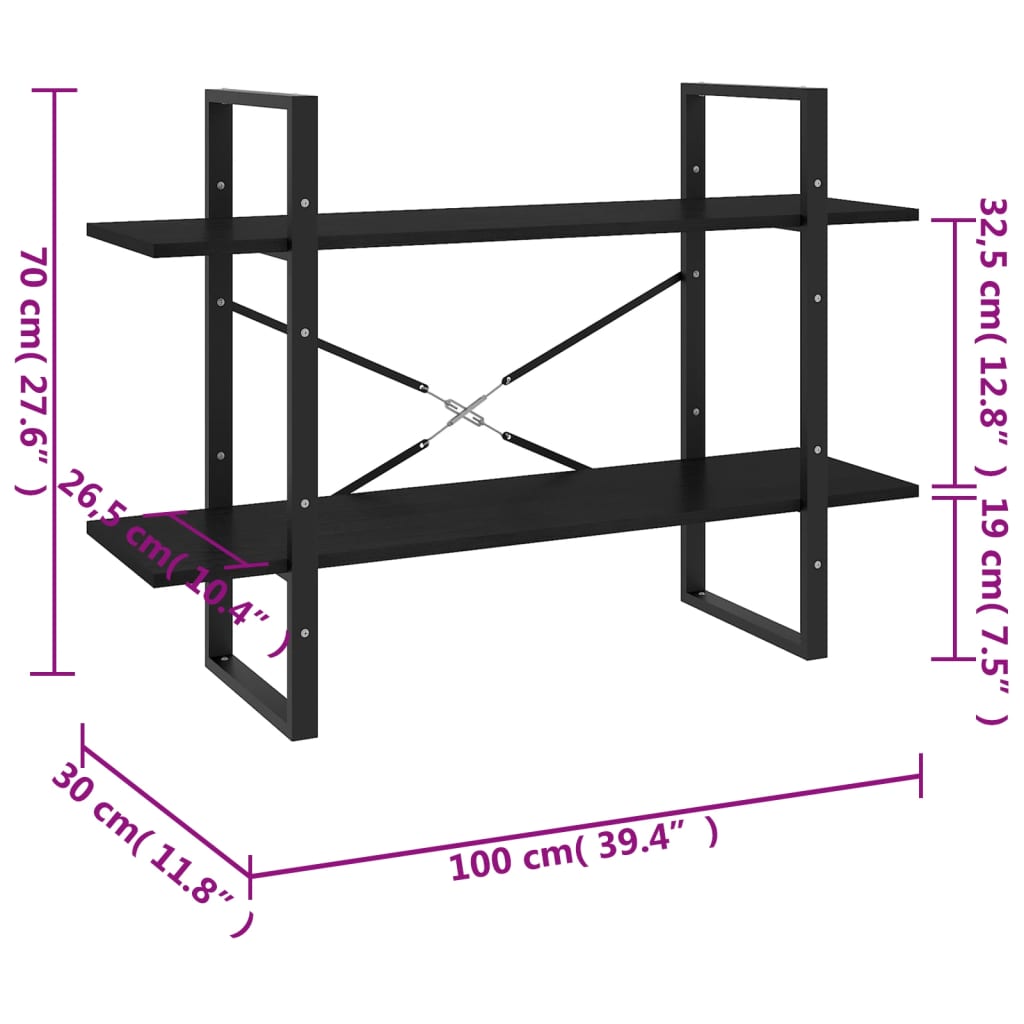 Bokhylle 2 nivåer svart 100x30x70 cm heltre furu