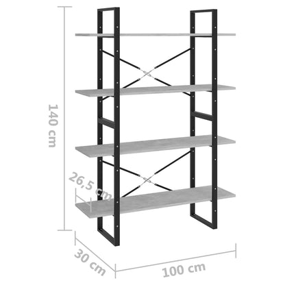 Bokhylle 4 nivåer betonggrå 100x30x140 cm konstruert tre