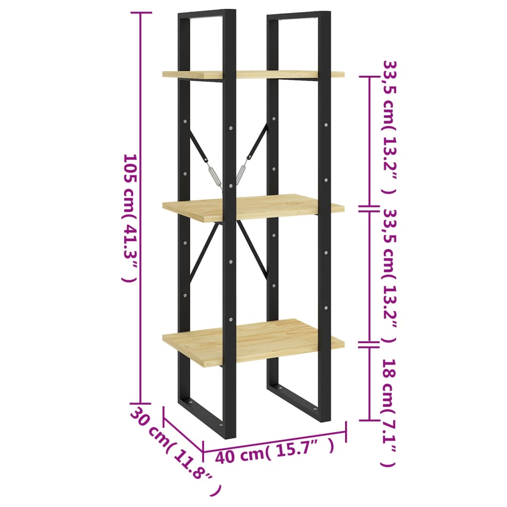 Bokhylle 3 nivåer 40x30x105 cm heltre furu