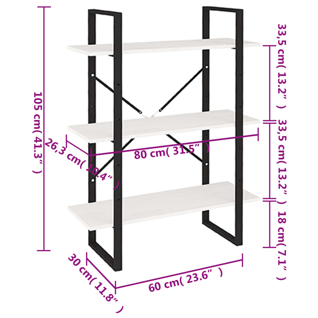 Bokhylle 3 nivåer hvit 80x30x105 cm heltre furu