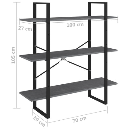 Bokhylle 3 nivåer grå 100x30x105 cm heltre furu