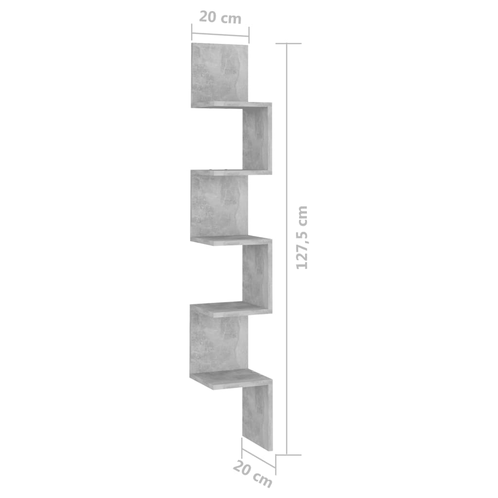 Hjørnehylle Veggmontert betonggrå 20x20x127,5 cm konstruert tre