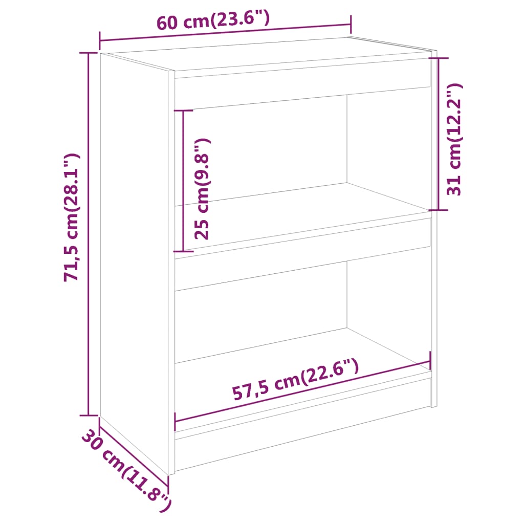 Bokhylle/Romdeler svart 60x30x71,5 cm heltre furu