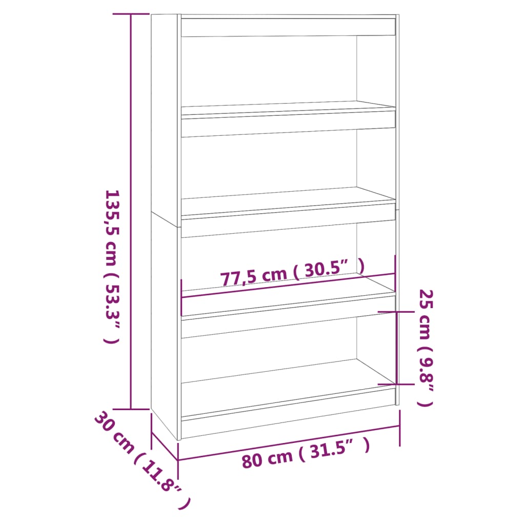 Bokhylle/Romdeler svart 80x30x135,5 cm heltre furu