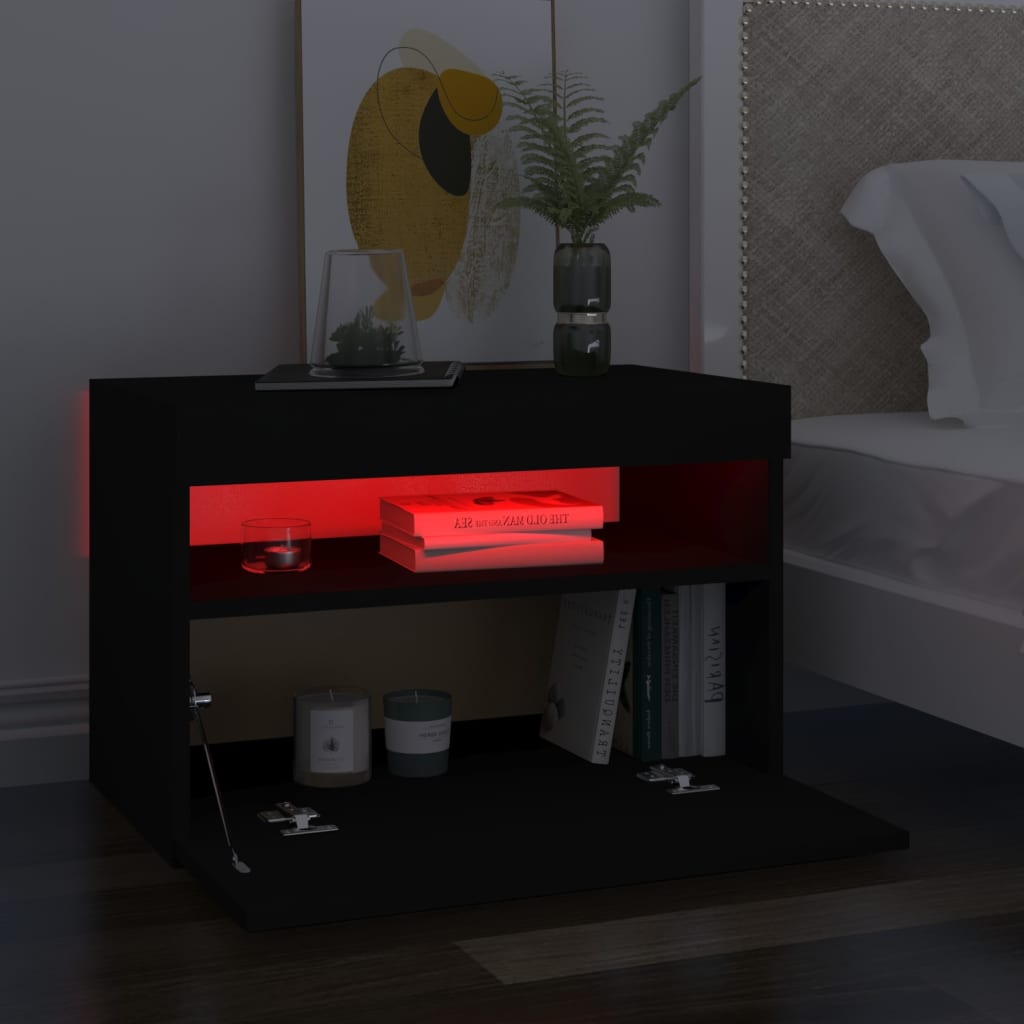 Nattbord med LED-lys svart 60x35x40 cm konstruert tre