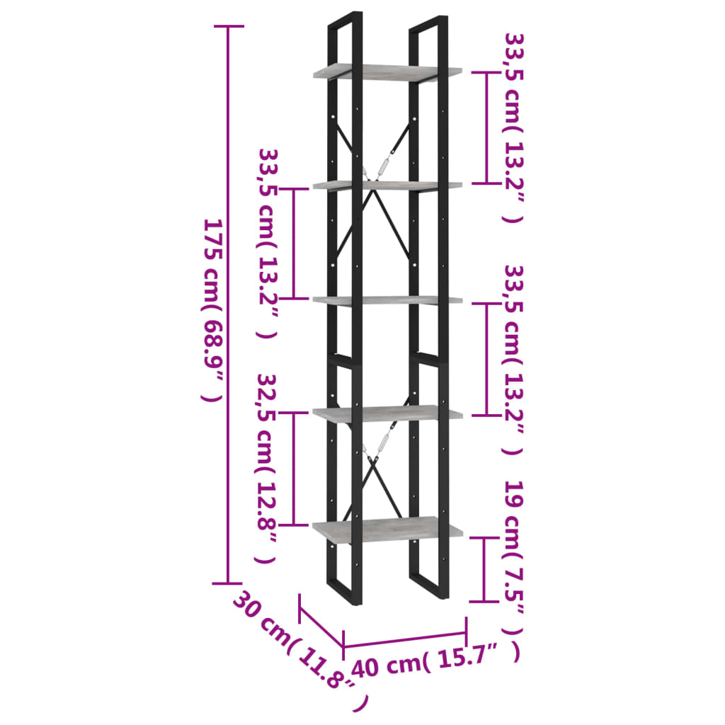 Bokhylle 5 nivåer betonggrå 40x30x175 cm konstruert tre