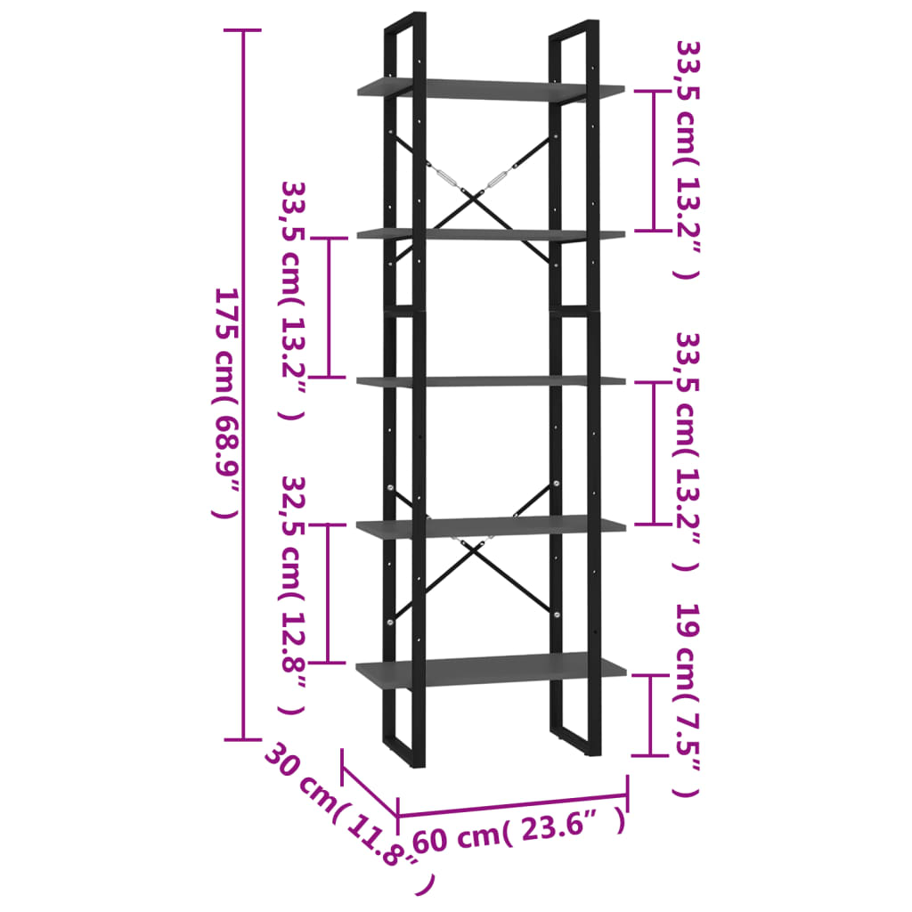 Bokhylle 5 nivåer grå 60x30x175 cm konstruert tre