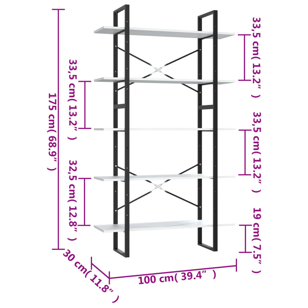 Bokhylle 5 nivåer hvit 100x30x175 cm konstruert tre