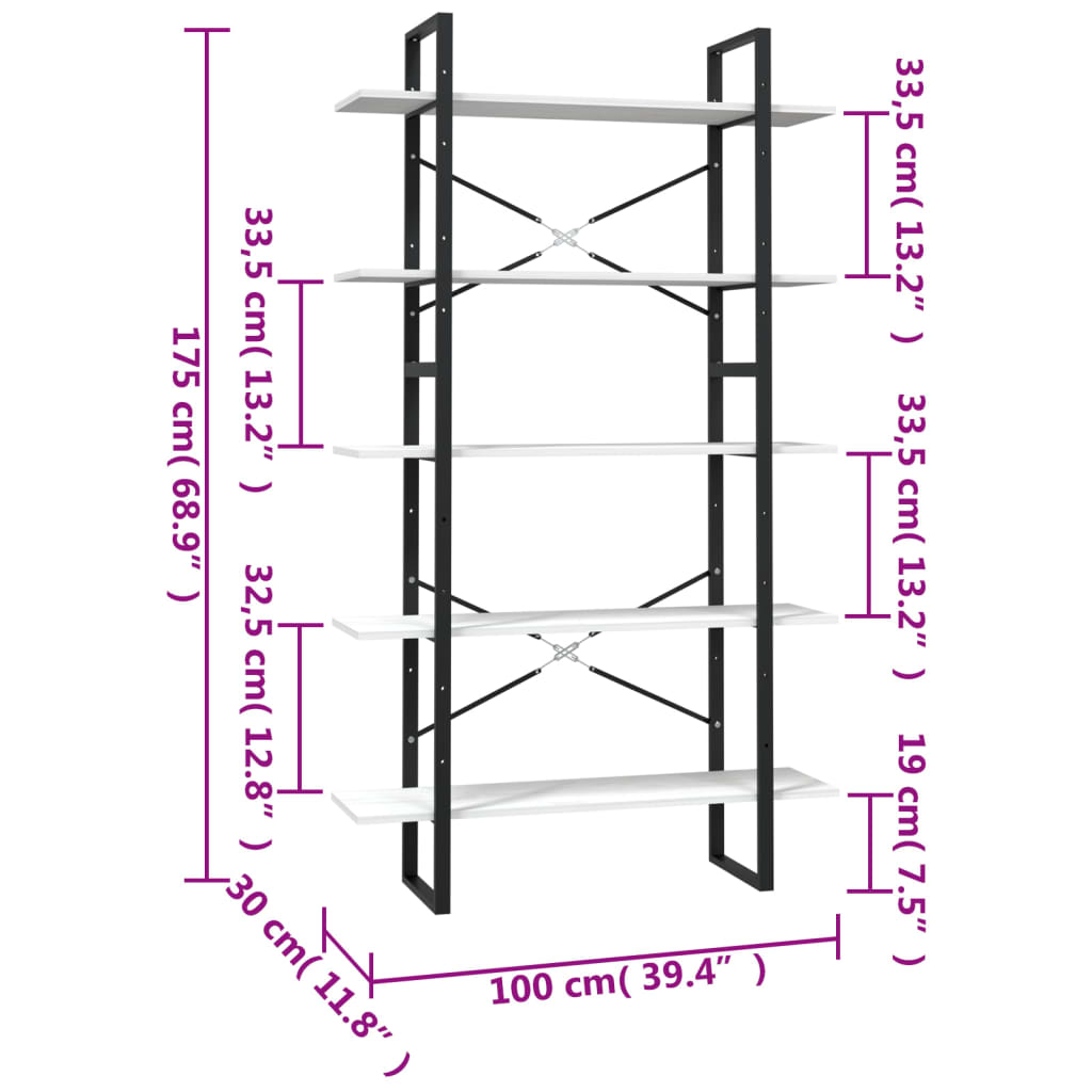 Bokhylle 5 nivåer hvit 100x30x175 cm heltre furu