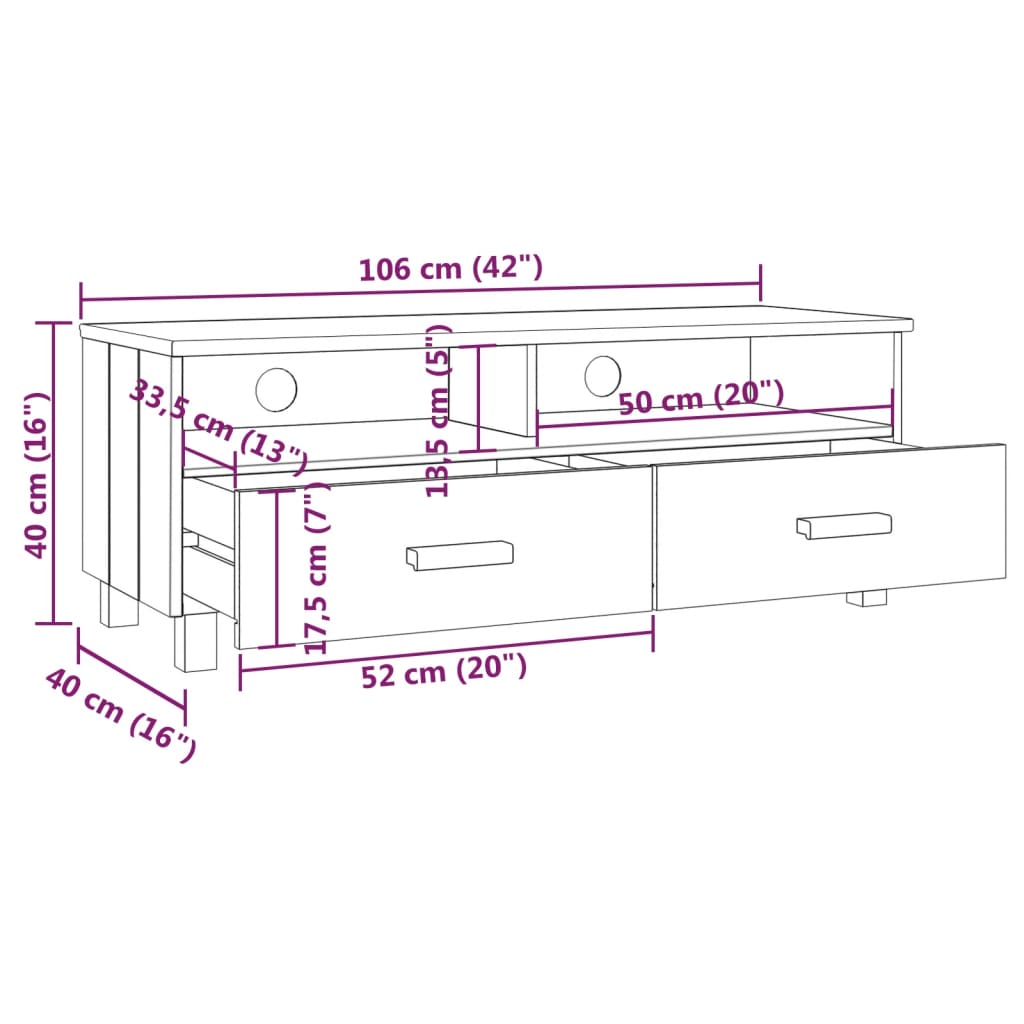 TV-benk HAMAR honningbrun 106x40x40 cm heltre furu