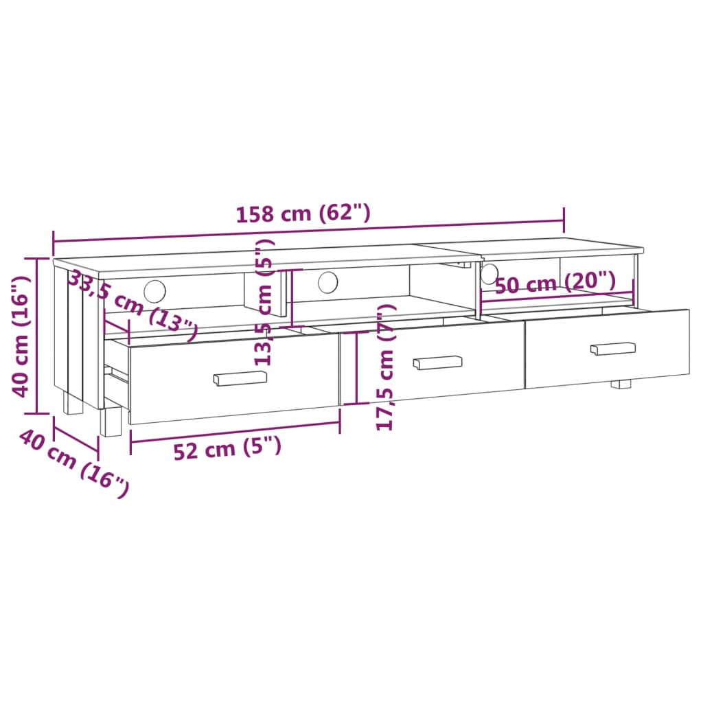 TV-benk HAMAR honningbrun 158x40x40 cm heltre furu