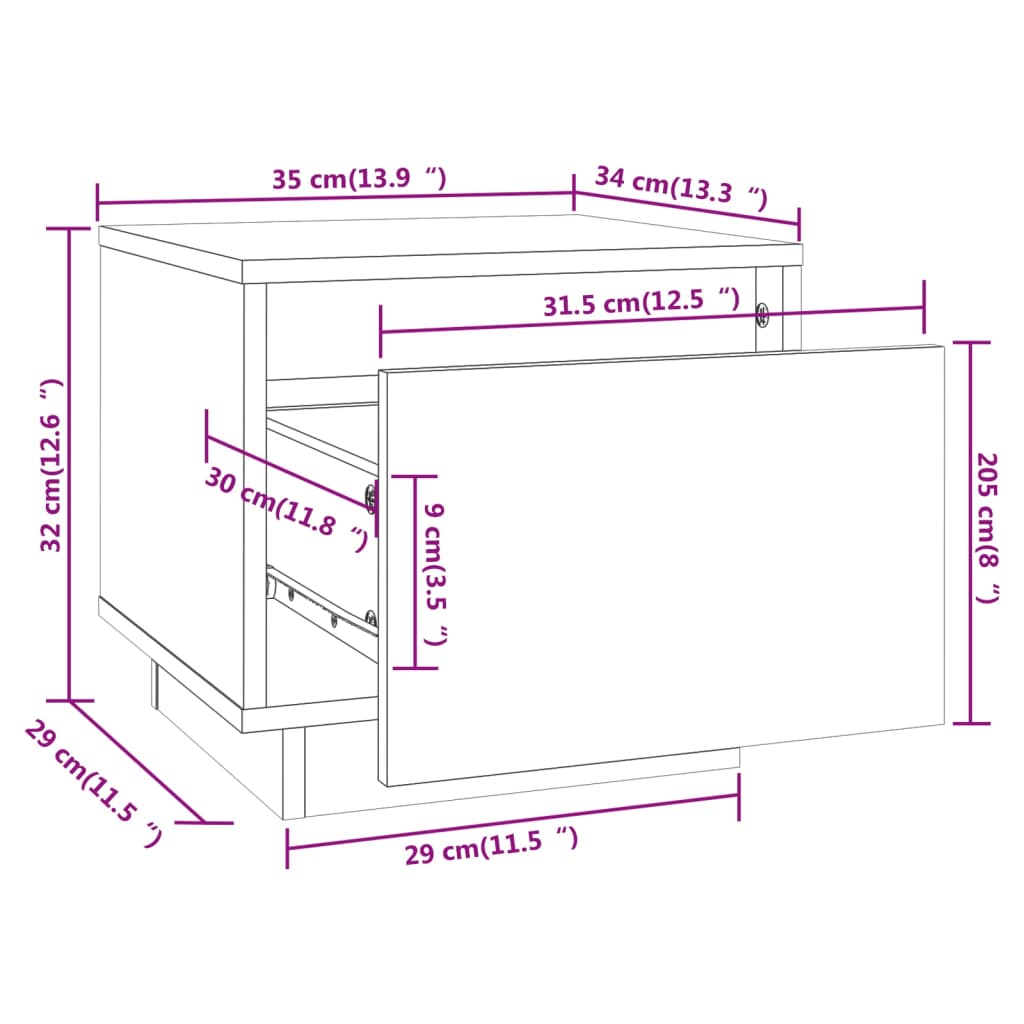 Nattbord Sengbord svart 35x34x32 cm heltre furu