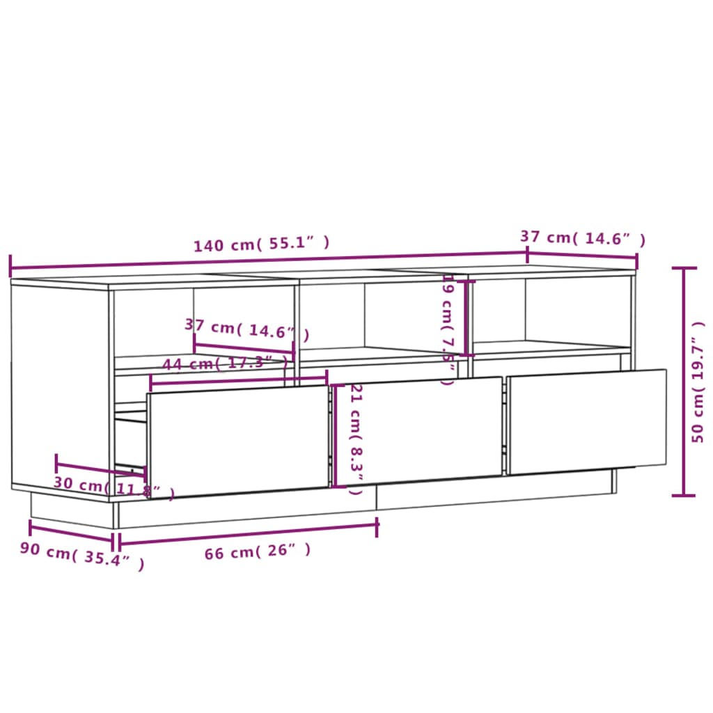 TV-benk honningbrun 140x37x50 cm heltre furu