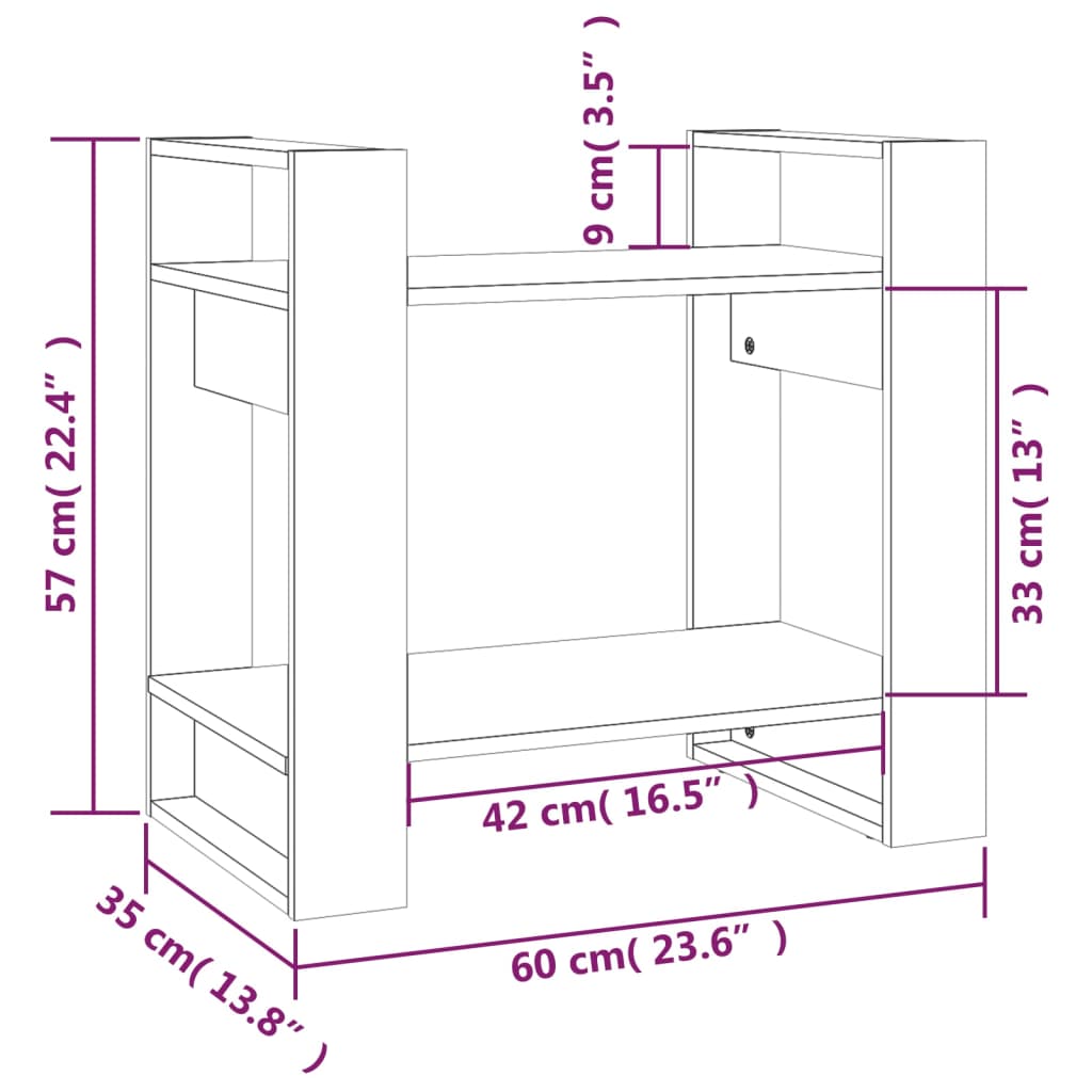 Bokhylle/Romdeler svart 60x35x57 cm heltre furu